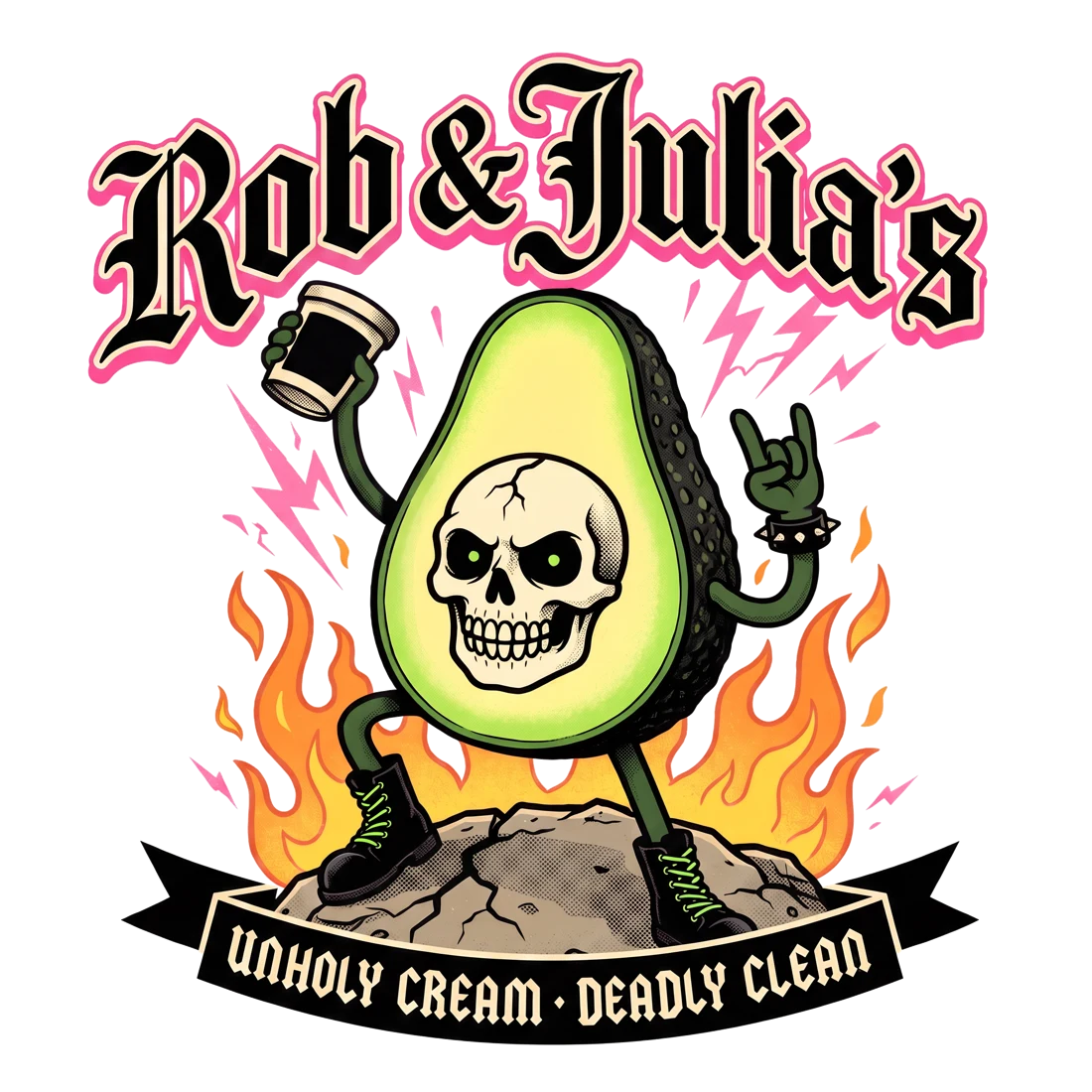 Rob & Julia's logo: Pitt, an avocado with a skull for a pit, raising a pint in front of flames, with the tagline Unholy cream, deadly clean